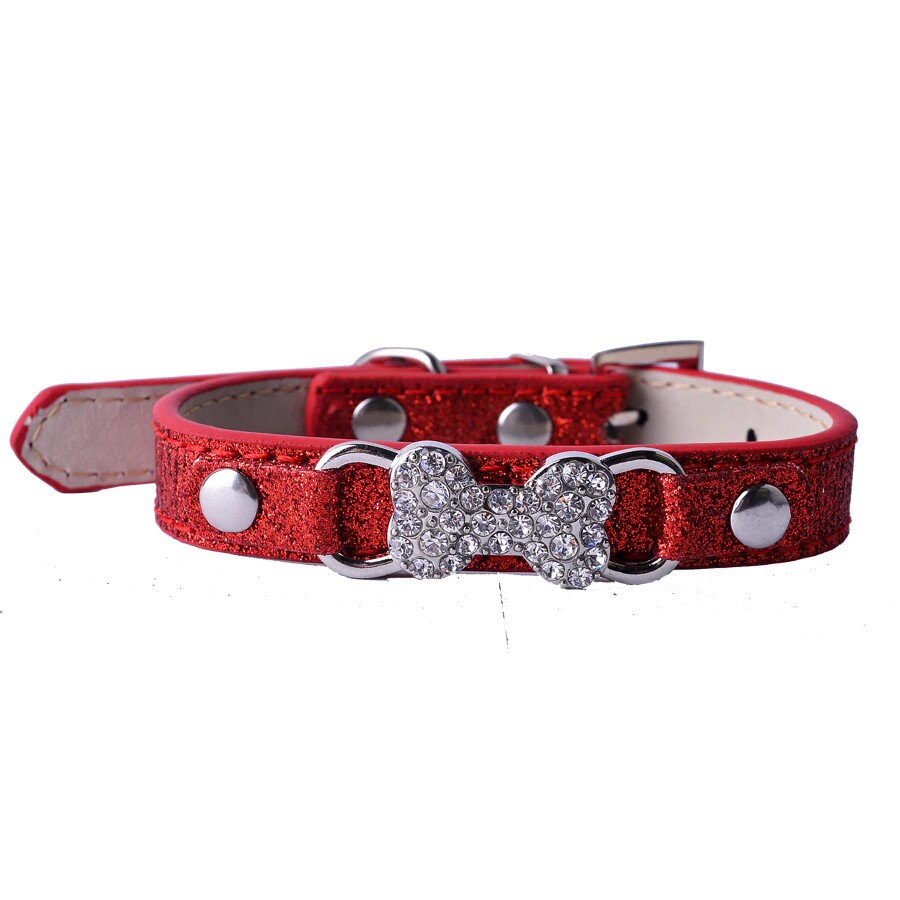 Puppy Dog Bows ~ Rhinestone dog bone glitter small dog collar 8"-11" (fb151)