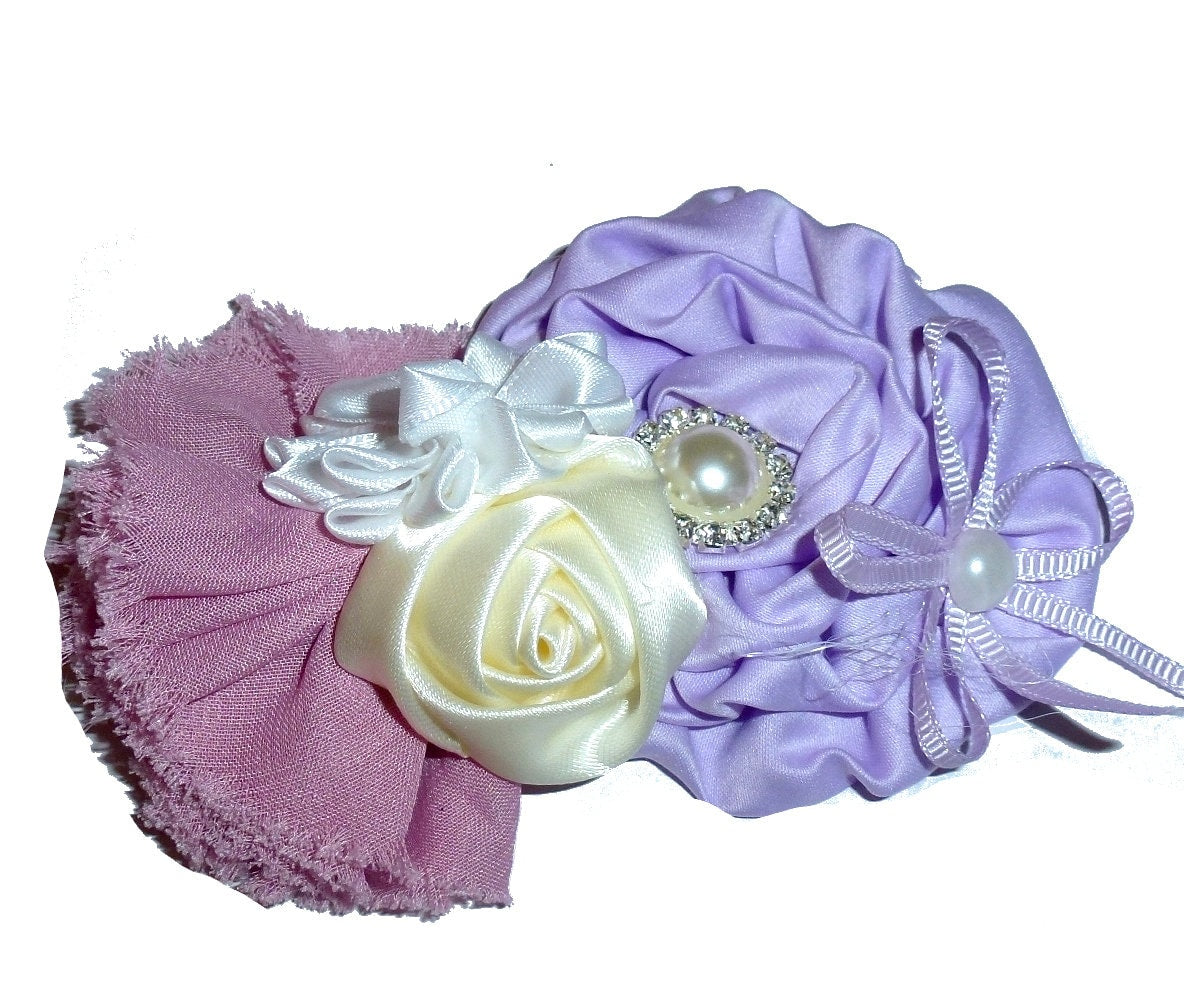 Puppy Bows ~ Dog collar slide bow large dog hair bows lilac pearl and rhinestones (fb525)