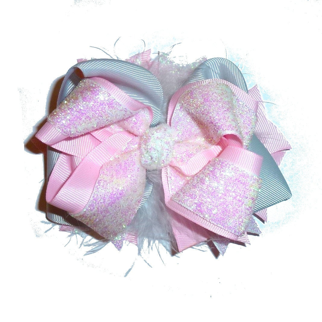 Puppy Bows ~ New year's Aurora Borealis pink glitter bow 5" big bowknot bow bands or barrette or collar slide (DC45)