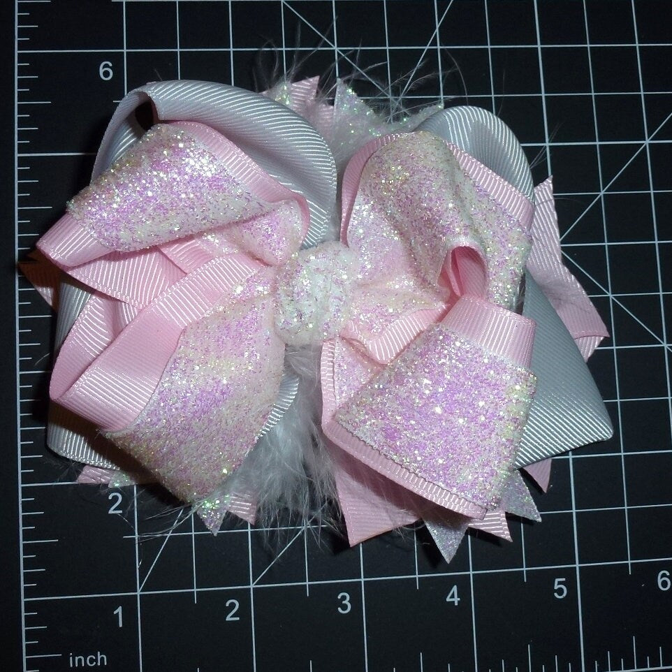 Puppy Bows ~ New year's Aurora Borealis pink glitter bow 5" big bowknot bow bands or barrette or collar slide (DC45)