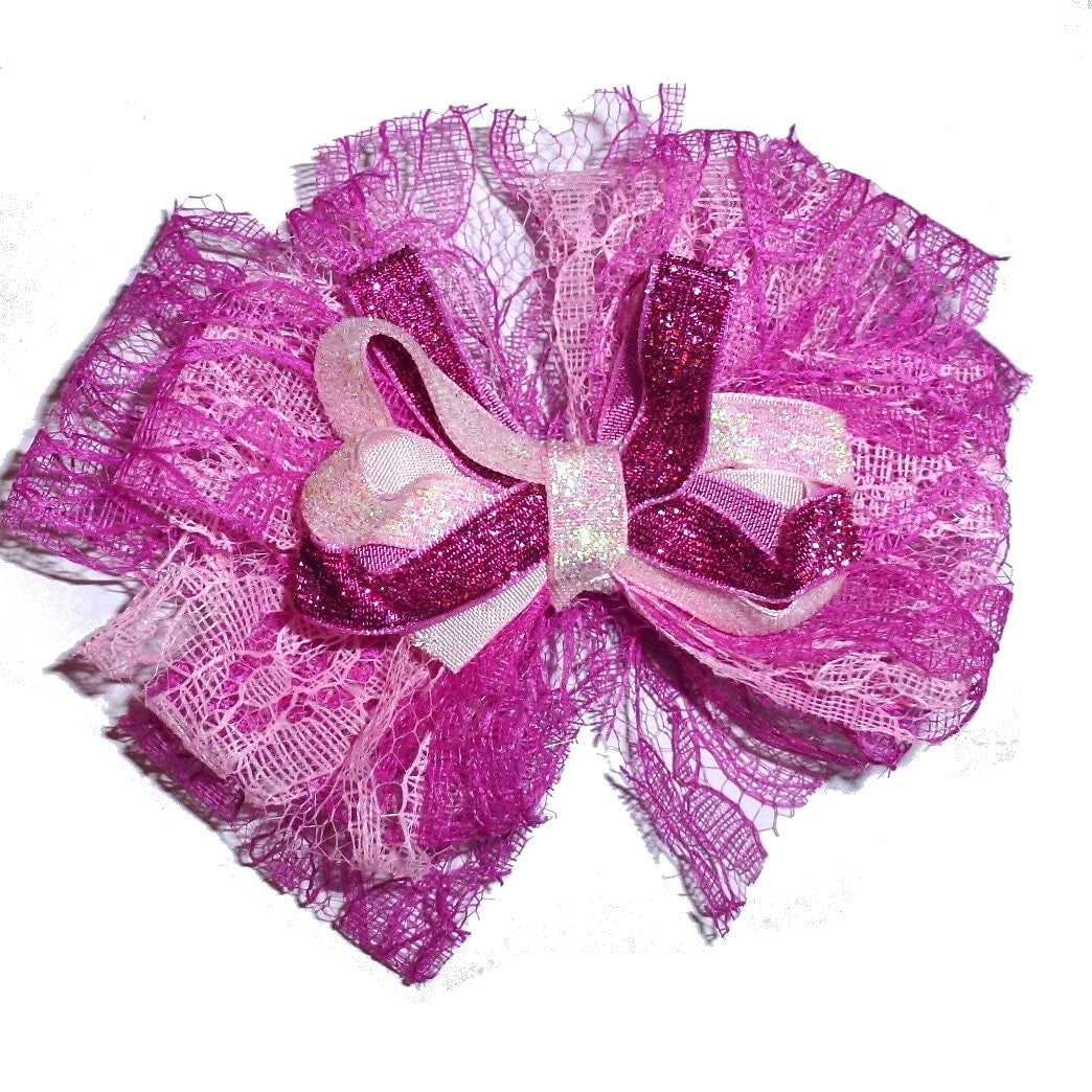 Dog collar slide bow pink glitter lace 4" accessory (DC39)