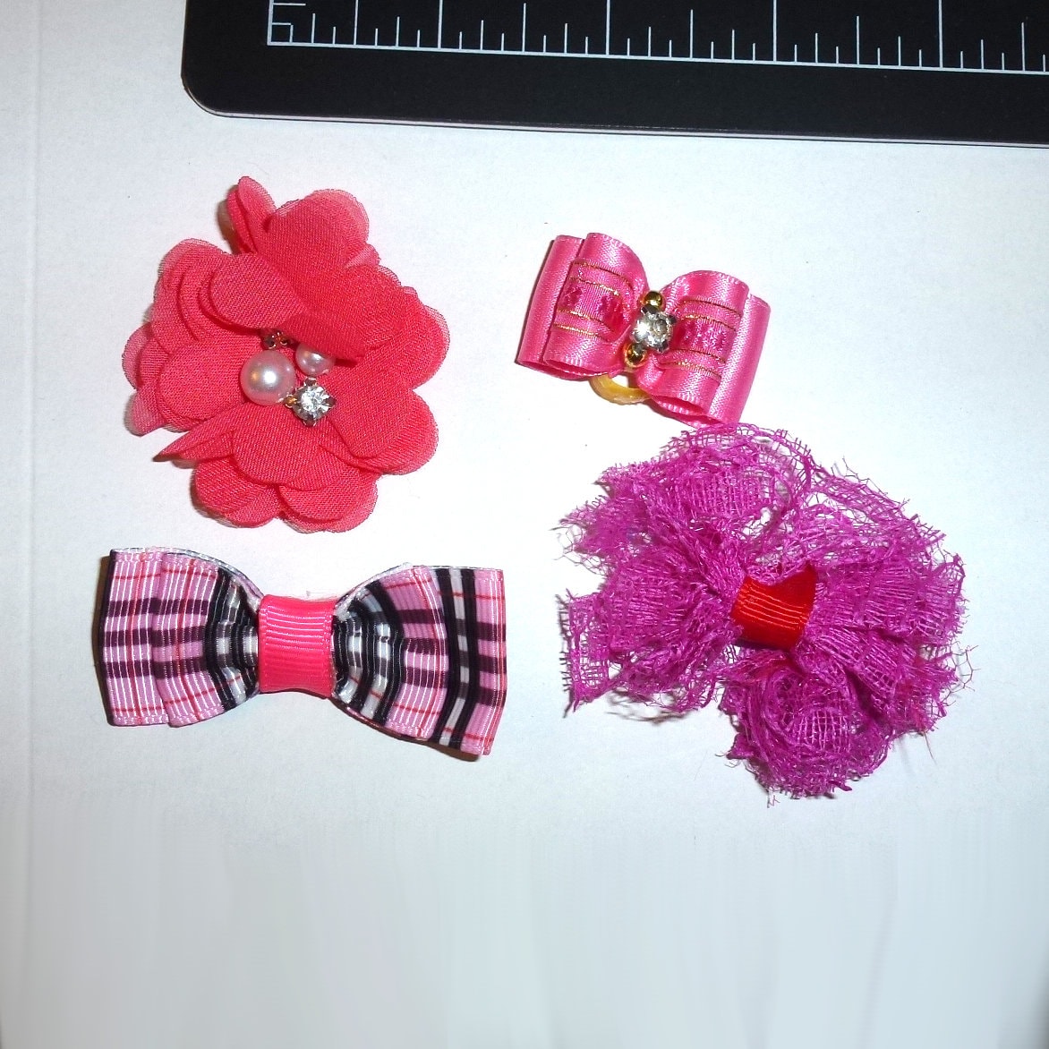 Dog hair mini bows CLEARANCE neon pink bands or barrette clip. (fb501d)