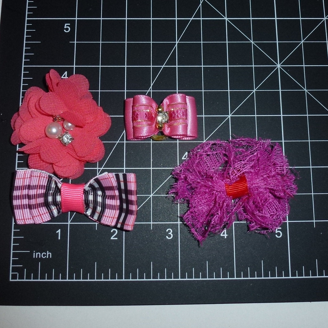 Dog hair mini bows CLEARANCE neon pink bands or barrette clip. (fb501d)