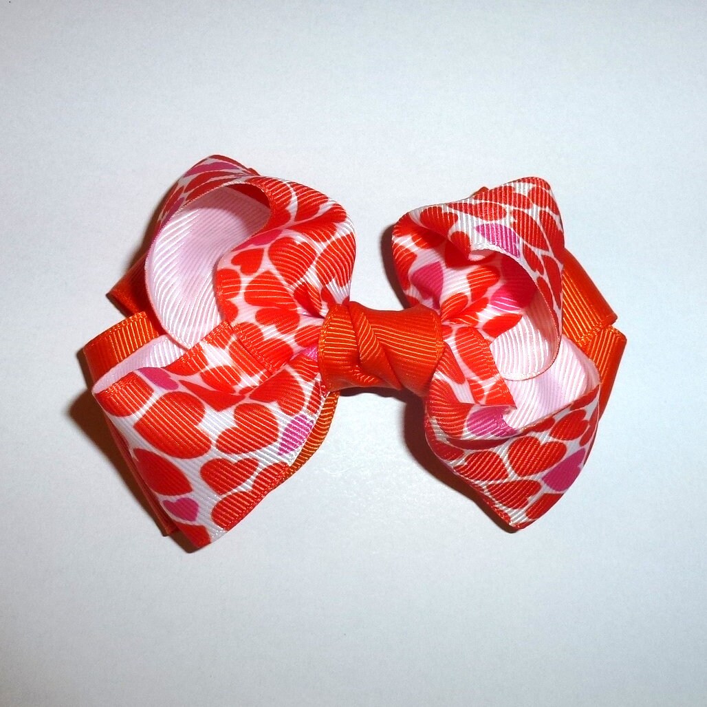 Puppy Bows ~ BIG bow Orange pink hearts bowtie 4" dog hair bow or collar slide bands or clip (fb520)