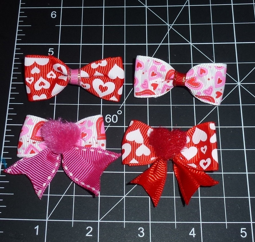 Dog hair mini bows CLEARANCE red white hearts bands or barrette clip. (fb503)