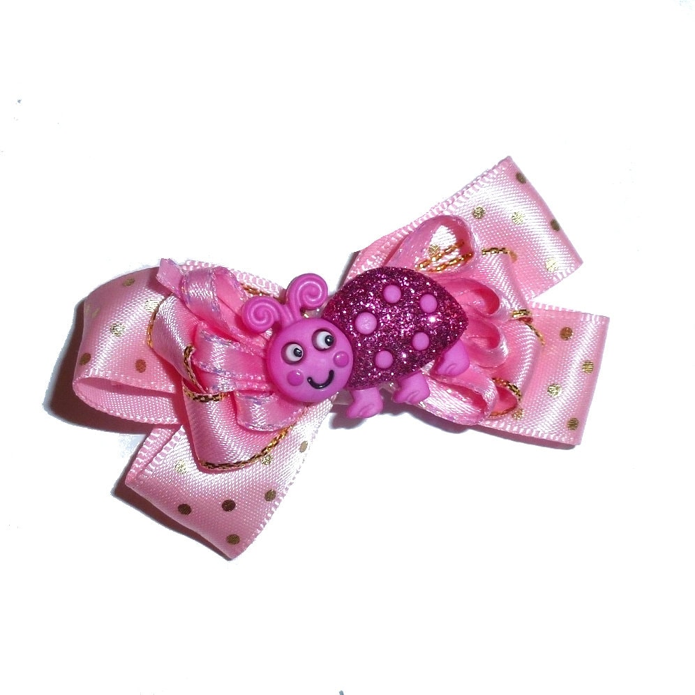 Puppy Bows ~Pink gold dot love bug dog bow pet hair clip barrette or latex bands (fb27)