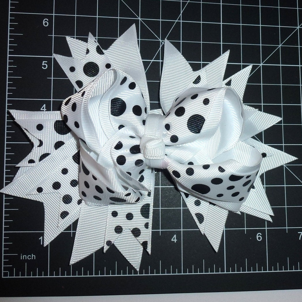 Puppy Bows ~ Dog collar slide bow large dog hair bows white black dalmation dots (DC42)