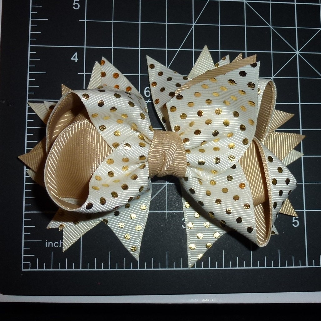 Puppy Bows ~ Dog collar slide bow large dog hair bows gold metallic polka dots (DC42)