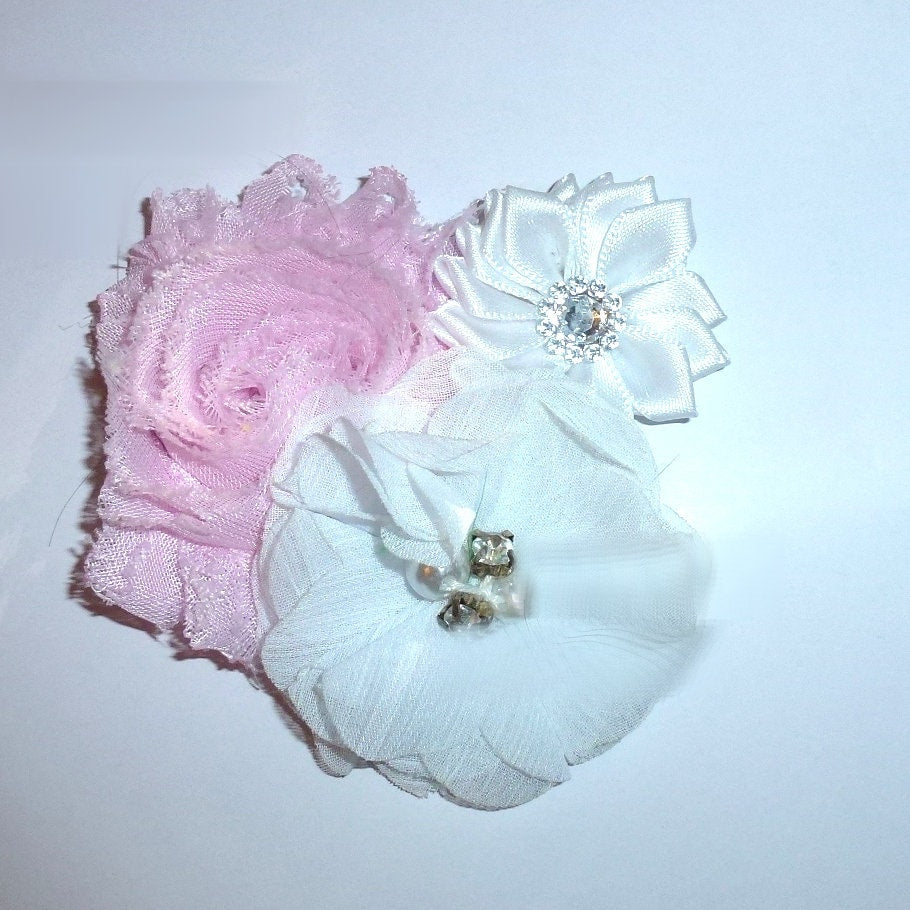 Pink white rhinestone pearl dog collar accessory flower slide (fb145d)