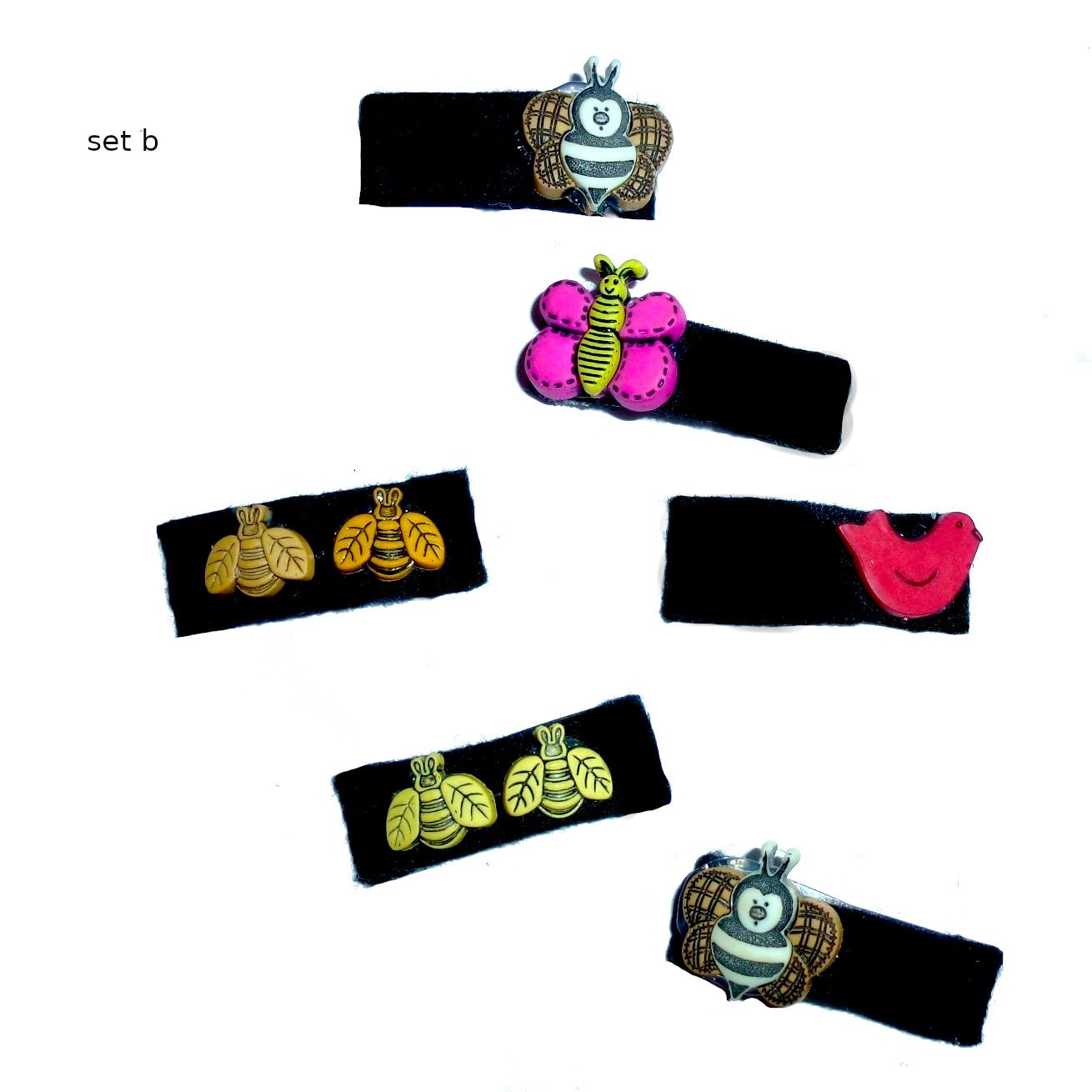 Puppy Bows set of 6 felt covered jewel snap clips with bumble bees (fb6)