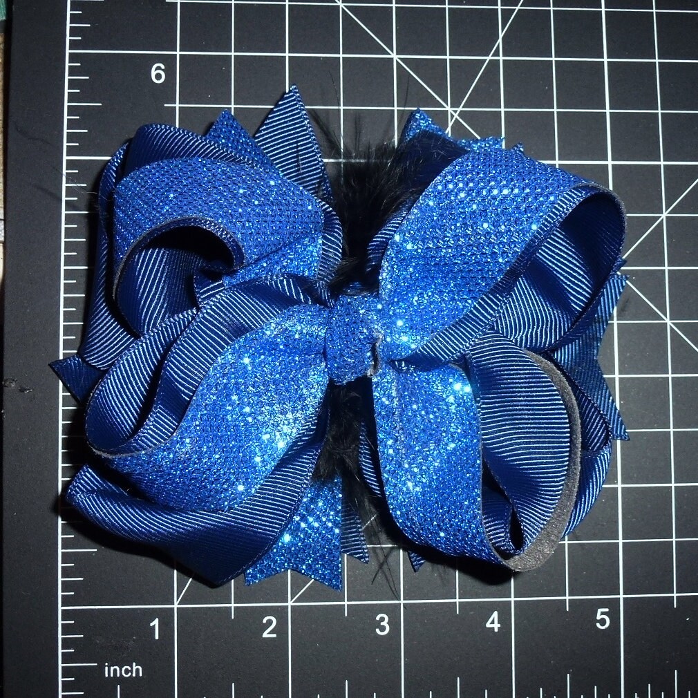 Midnight blue glitter bow 5" big dog bow bands barrette or collar slide (DC45)