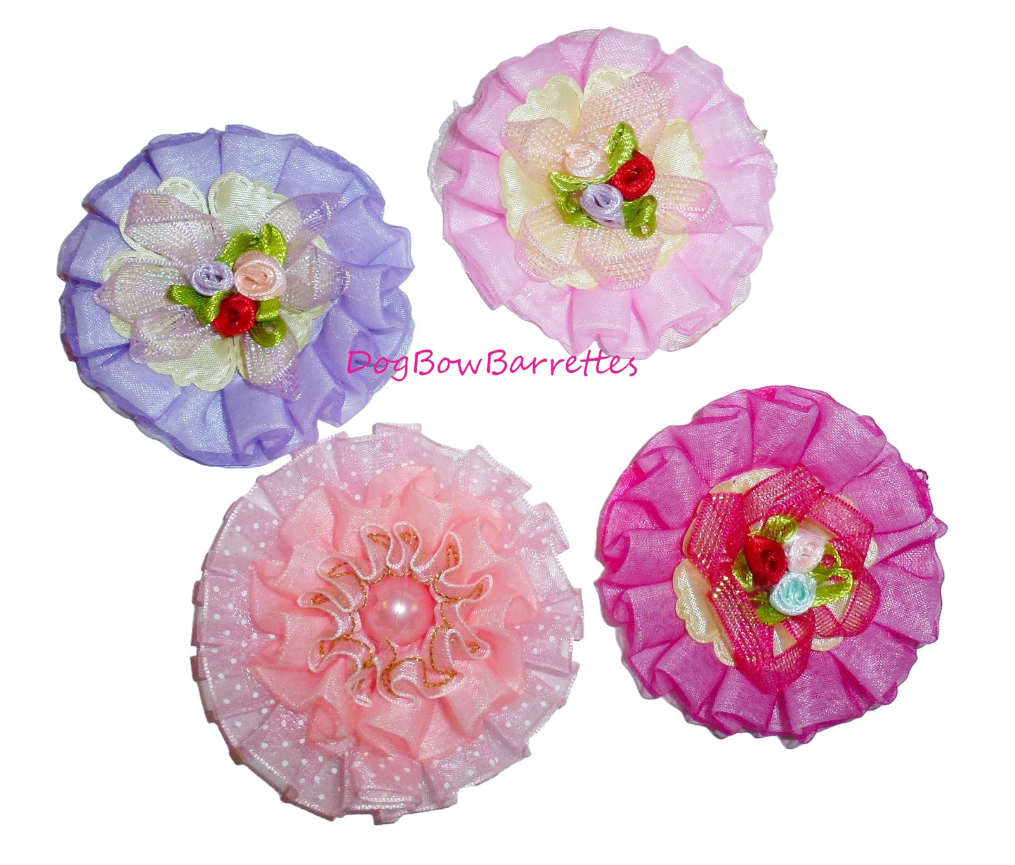 Puppy Bows ~ FOUR Dog collar accessory slide bow large dog ruffled flower (fb530)