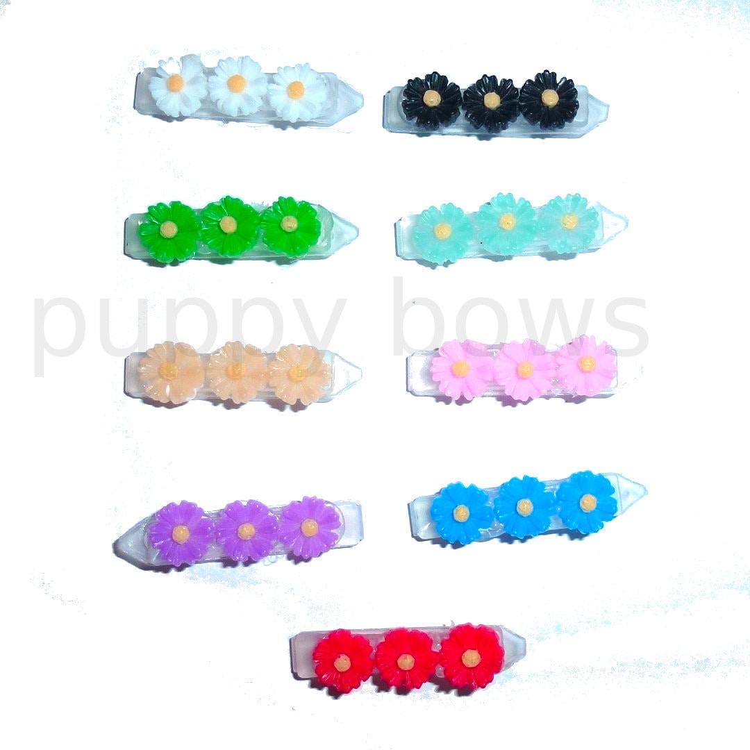 Dog Bows ~ daisy flowers small bow less than 1" pet hair barrette clip 8 hairpins! (fb211)