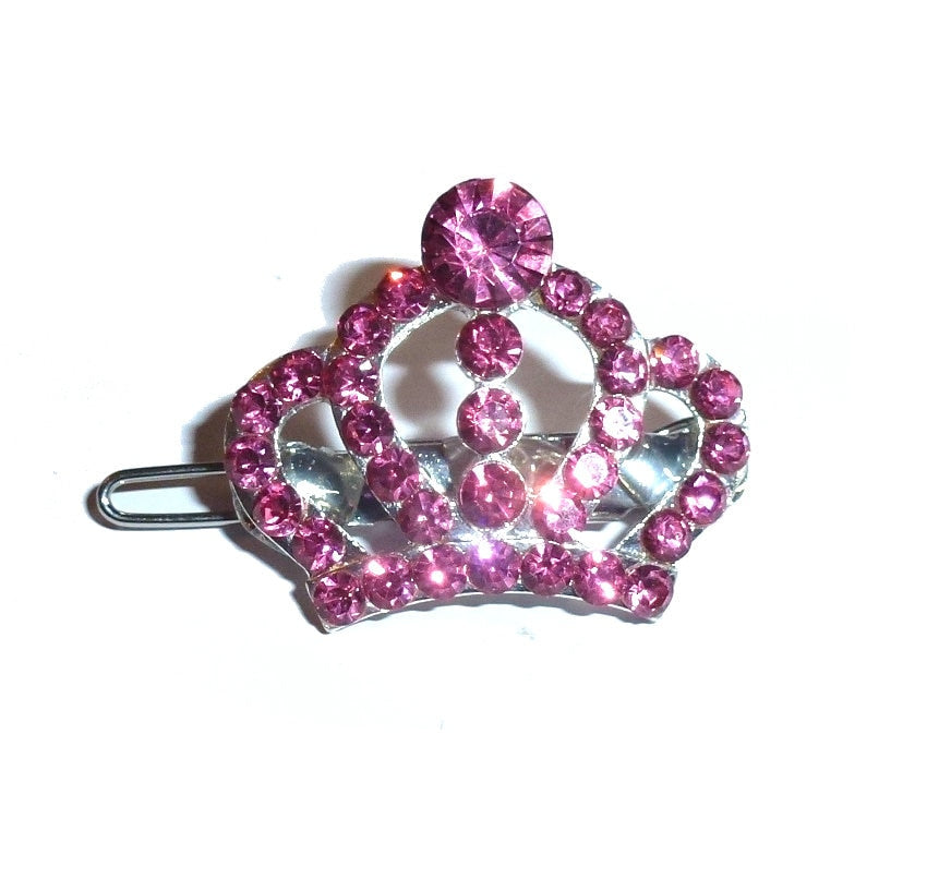 Puppy Bows ~ Small pink rhinestone crown dog bow pet hair clip topknot barrette Style (fb312)