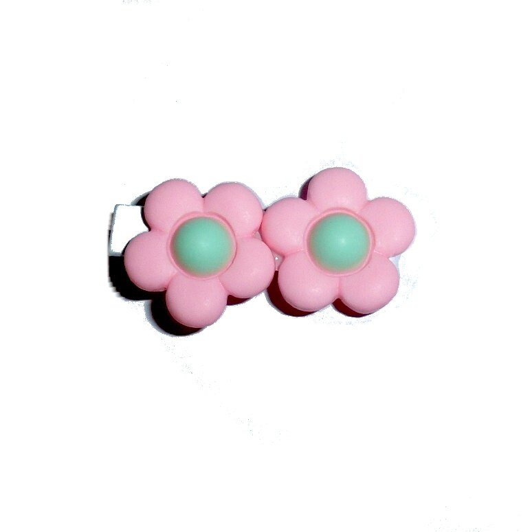 Puppy Bows ~ double little pink/green puffy daisies barrette clip pet hair bow (fb152e)