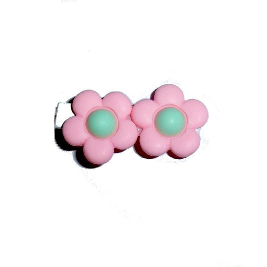 Puppy Bows ~  double little pink/green puffy daisies  barrette  clip pet hair bow (fb152e)