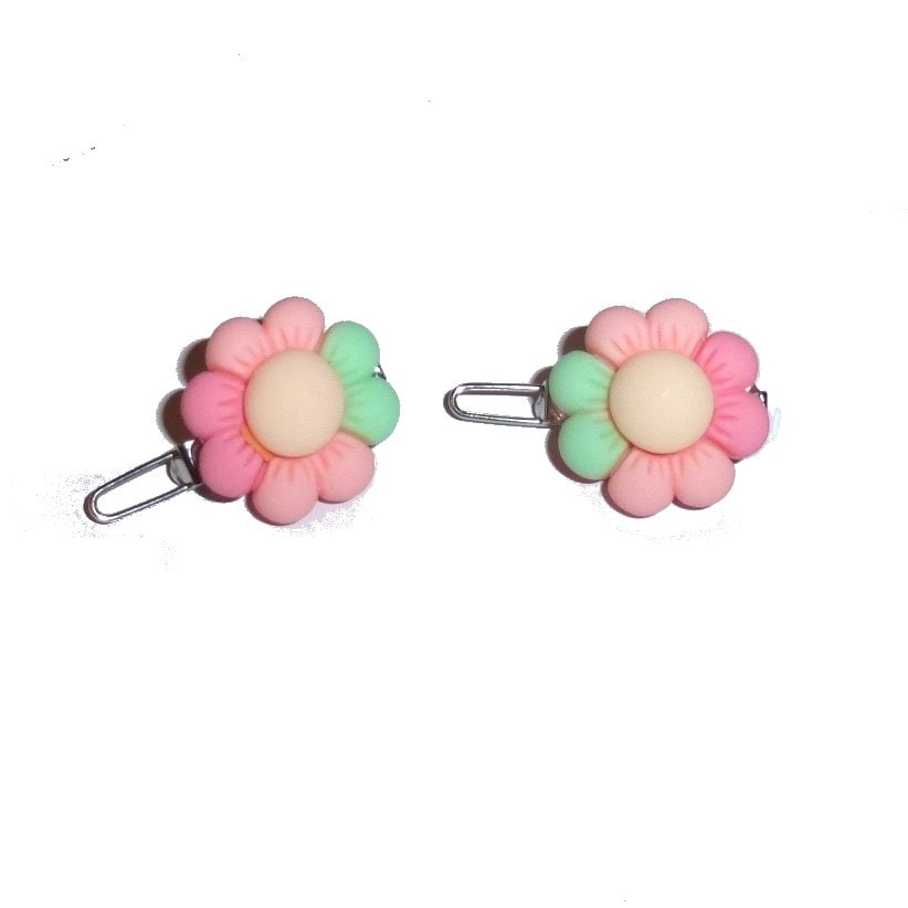 Puppy Bows ~ 2 little pink/green puffy daisies barrette clip pet hair bow (fb152d)