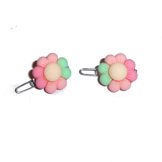 Puppy Bows ~  2 little pink/green puffy daisies  barrette  clip pet hair bow (fb152d)
