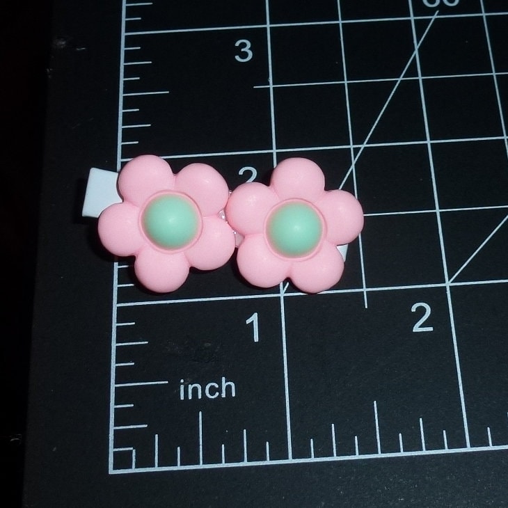 Puppy Bows ~ double little pink/green puffy daisies barrette clip pet hair bow (fb152e)