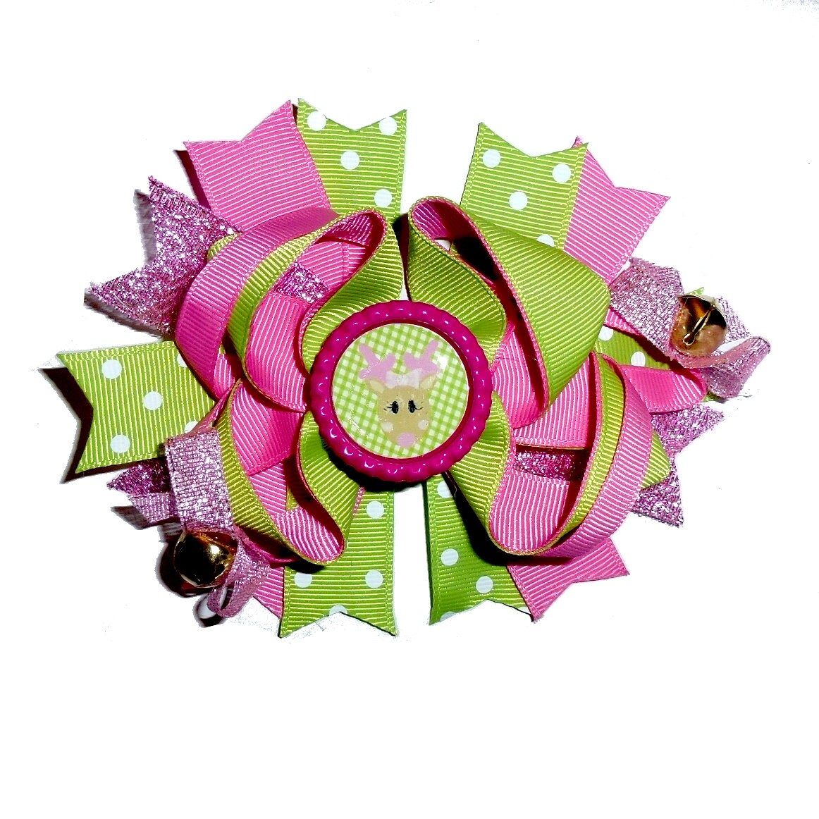 Puppy Bows ~ Dog collar slide bow jingle bells Christmas Clarice Rudolph reindeer pink/green accessory (DC13)