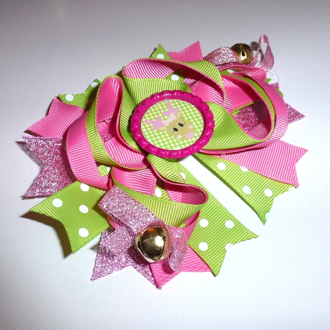 Puppy Bows ~ Dog collar slide bow jingle bells Christmas Clarice Rudolph reindeer pink/green accessory (DC13)