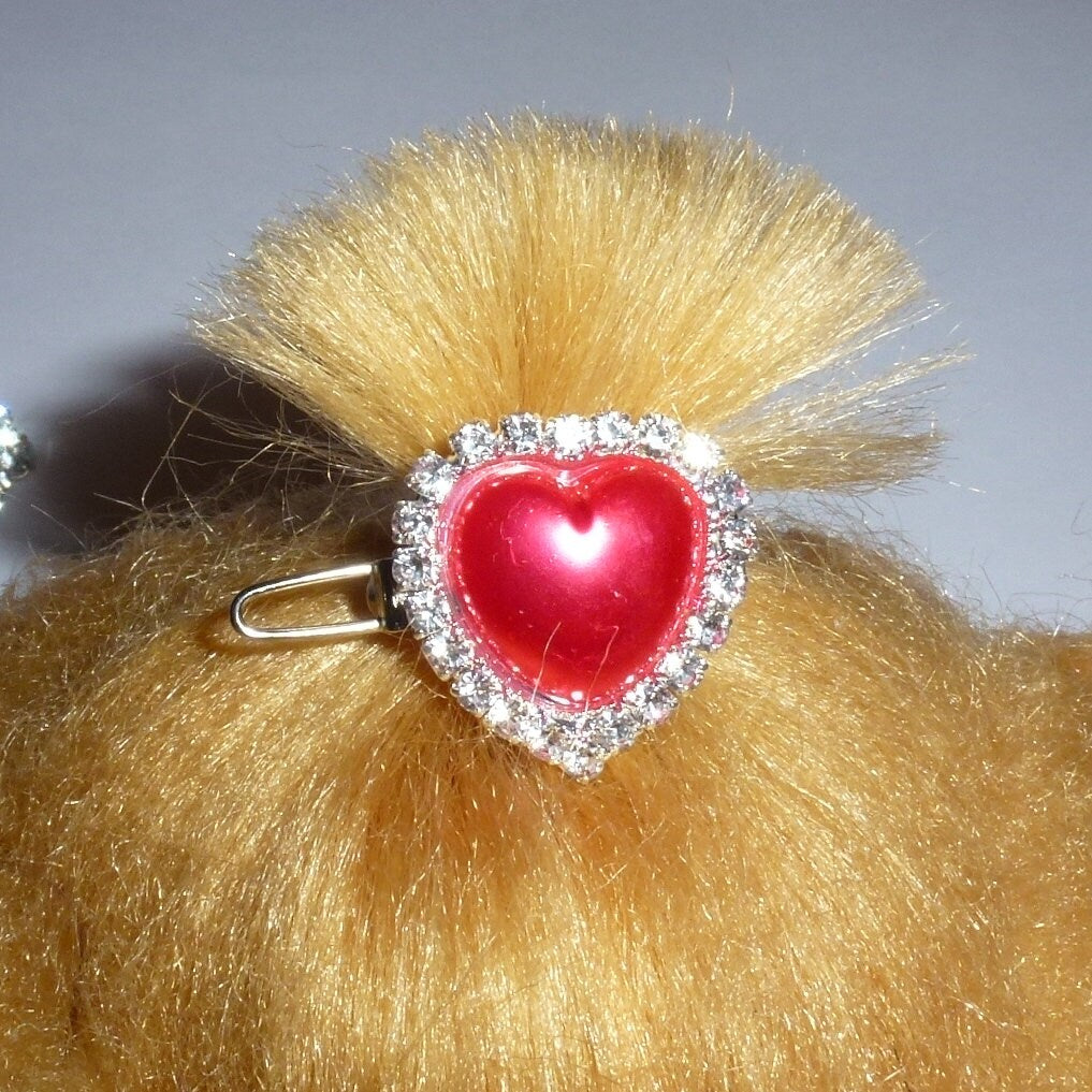 Puppy Bows ~ TINY 3/4" rhinestone pearl heart crystal crown dog bow pet hair clip topknot barrette 4 colors!! (rb81)