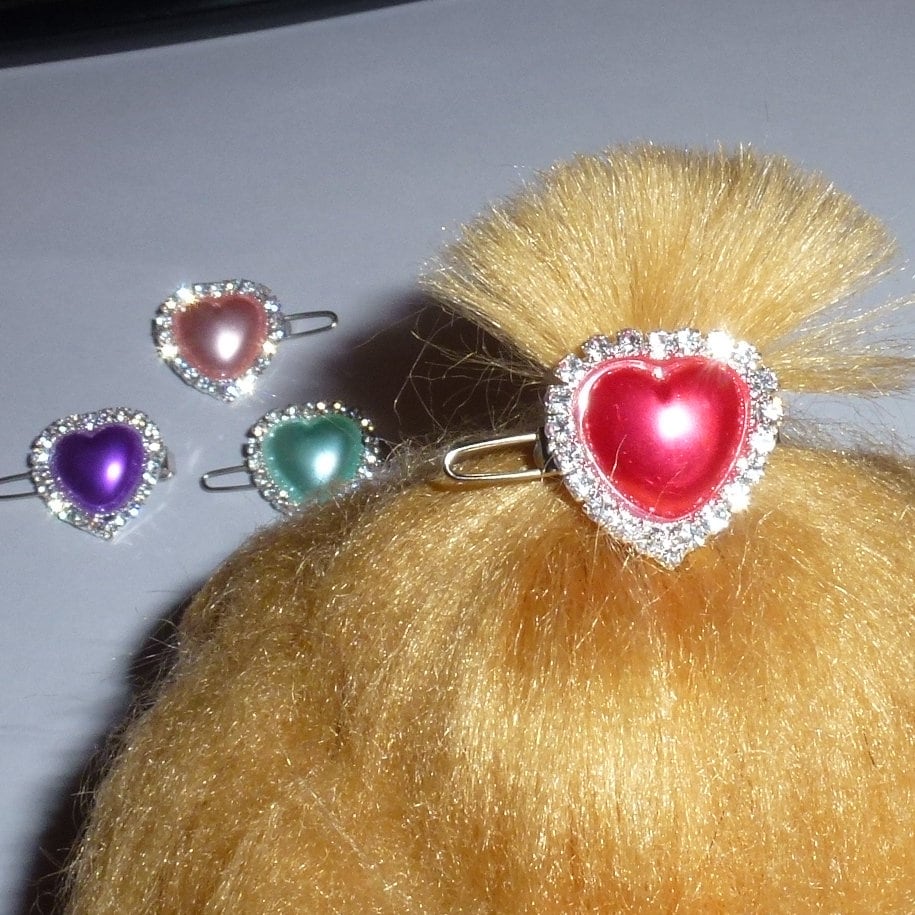 Puppy Bows ~ TINY 3/4" rhinestone pearl heart crystal crown dog bow pet hair clip topknot barrette 4 colors!! (rb81)