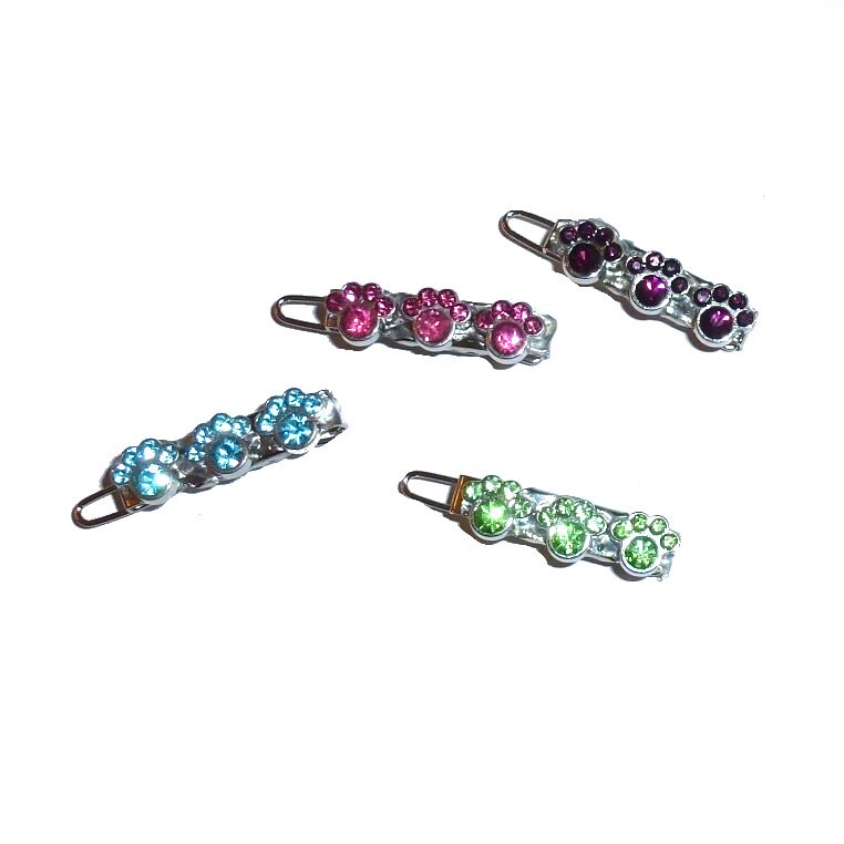 Dog Bows Paw print crystal pawprints rhinestone tiny 1" pet hair barrette clip (TB2)