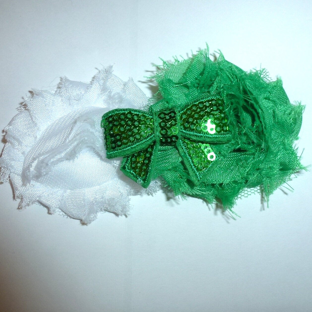 Puppy Bows ~ Dog collar slide bow large dog hair bows green white sequin flower and rhinestones ~USA seller (dc8)