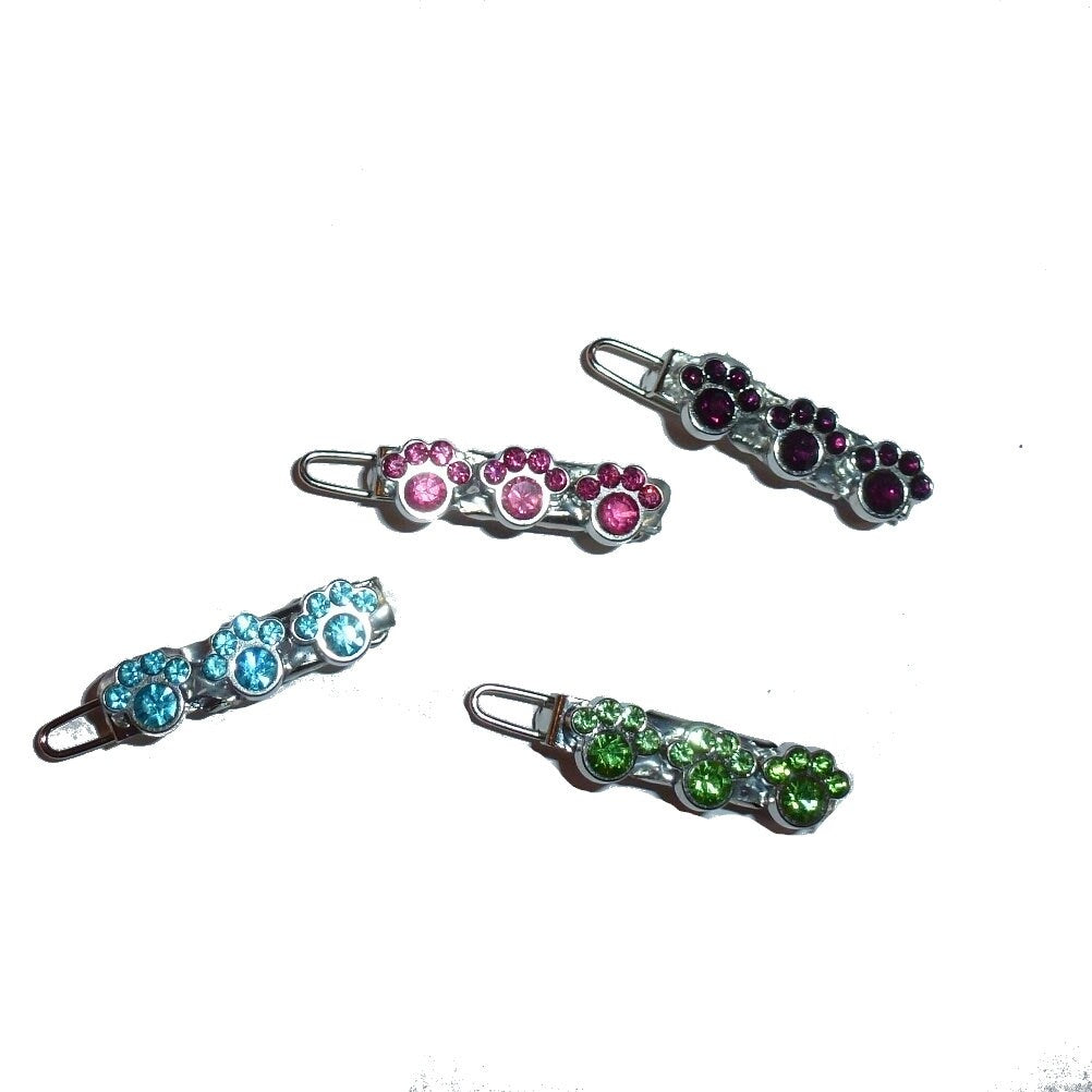 Dog Bows Paw print crystal pawprints rhinestone tiny 1" pet hair barrette clip (TB2)
