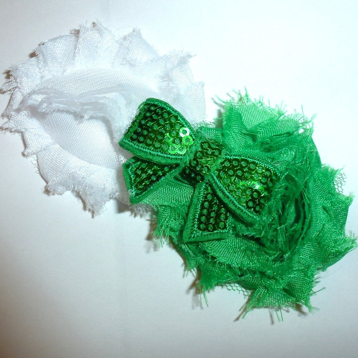 Puppy Bows ~ Dog collar slide bow large dog hair bows green white sequin flower and rhinestones ~USA seller (dc8)