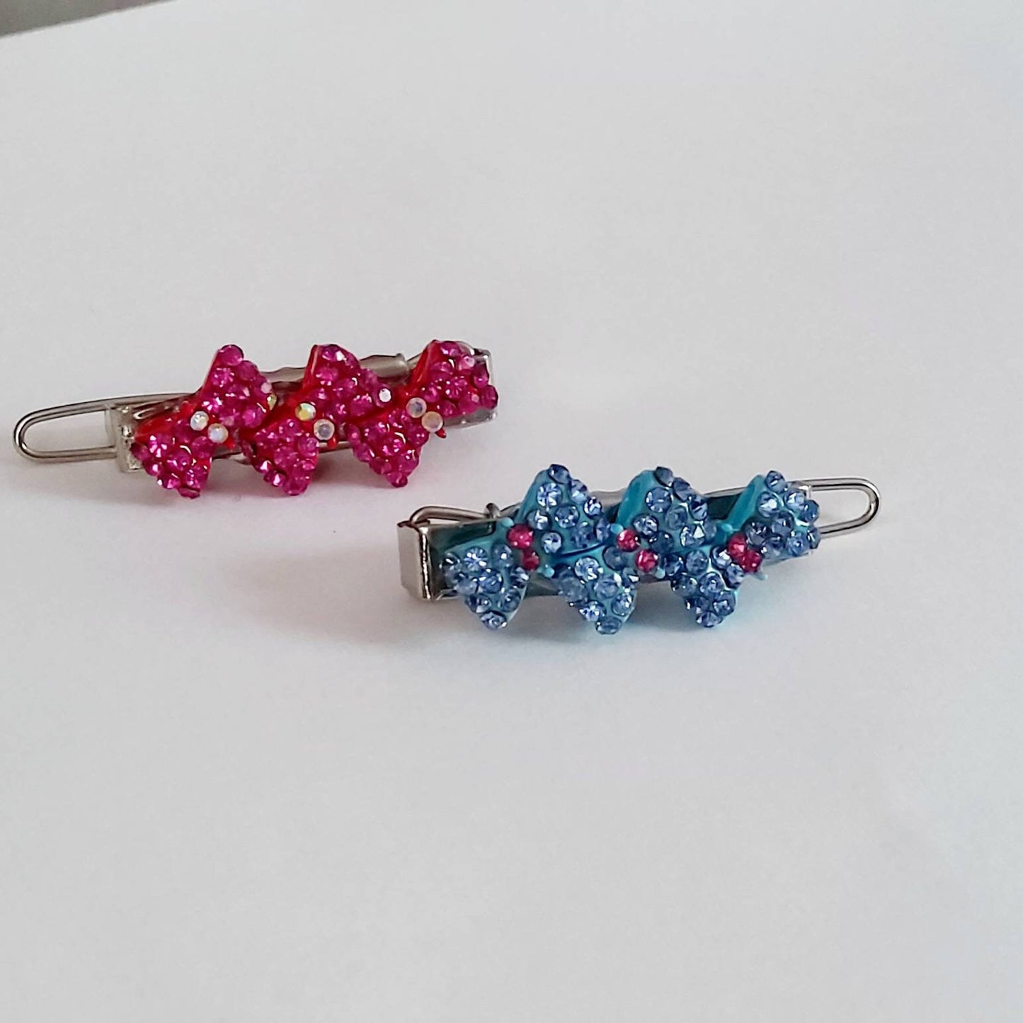 Pink or blue triple rhinestone bow dog hair barrette pet hair clip