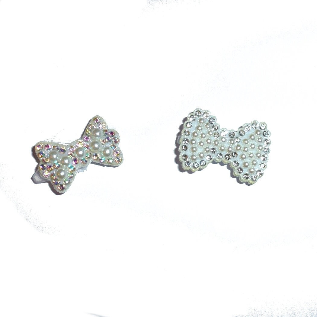 Puppy Bows ~ rhinestone pearl bowknots small under 1" pet hair bow - (fb404)