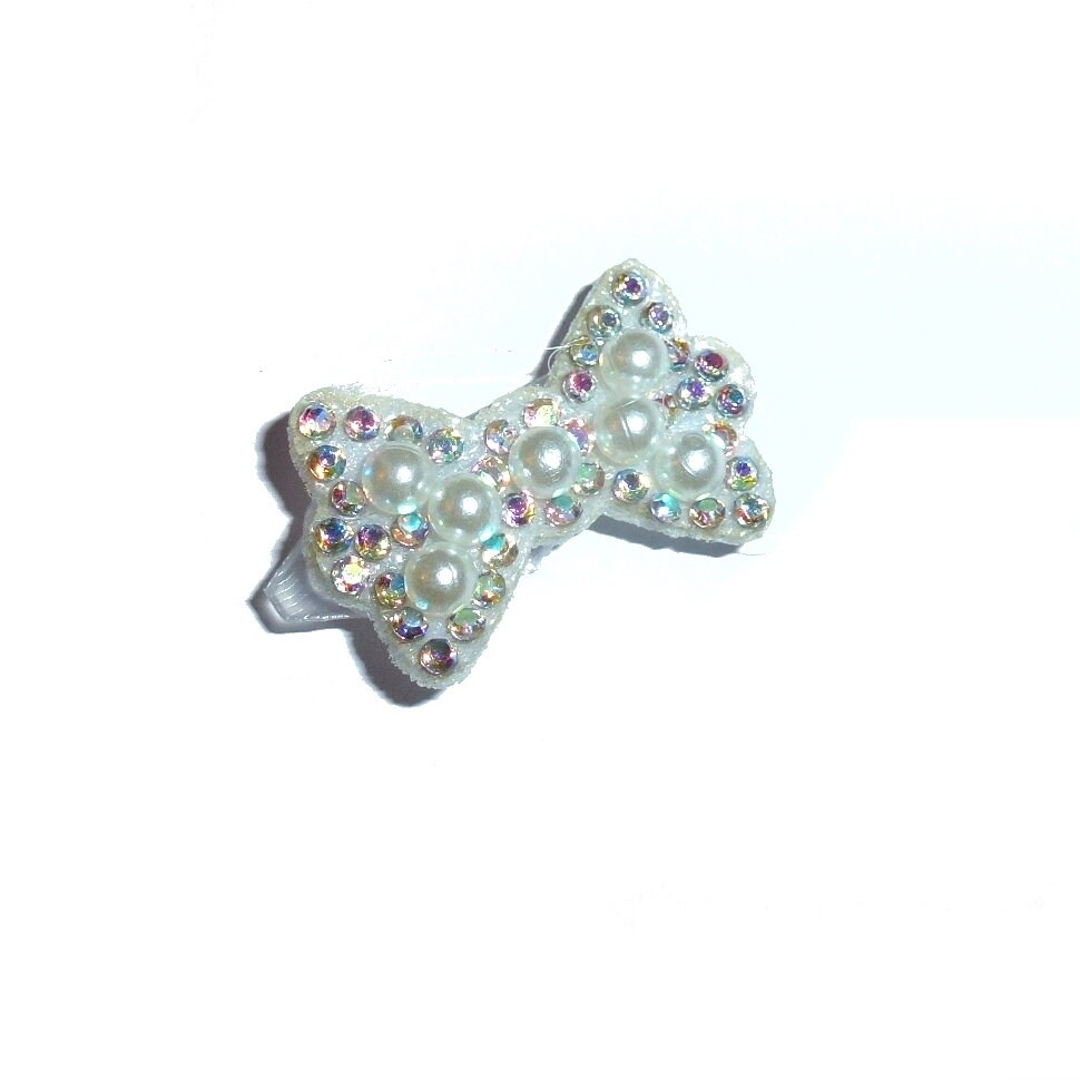 Puppy Bows ~ rhinestone pearl bowknots small under 1" pet hair bow - (fb404)
