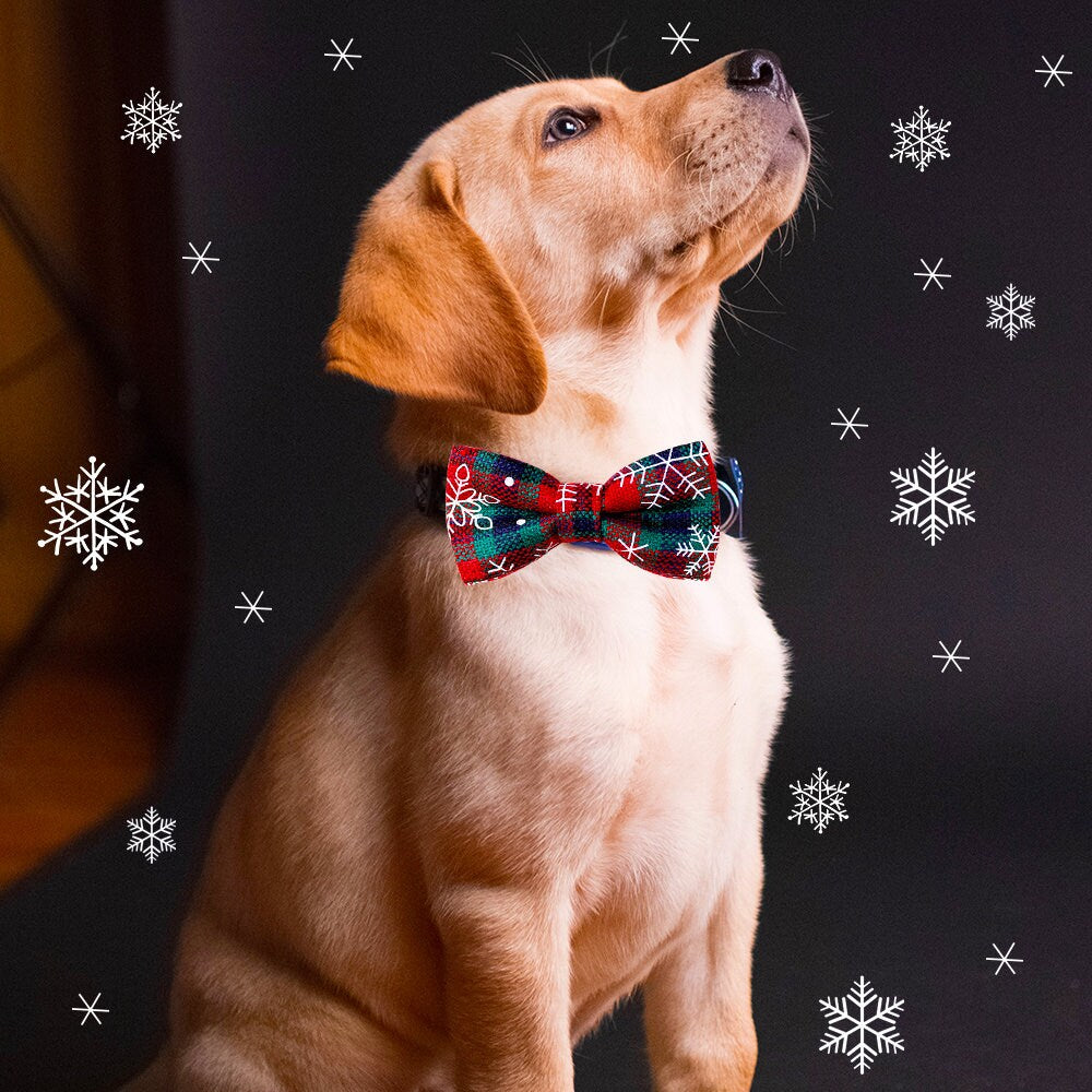 Puppy Bows ~ Christmas winter buffalo plaid bow tie Green snowflakes dog collar slide bowtie accessory (dc17)