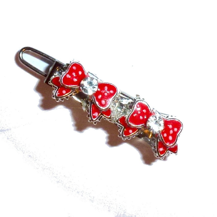 Puppy Bows ~ TINY 1" rhinestone crystal red polka dot bowknot dog bow pet hair clip topknot barrette