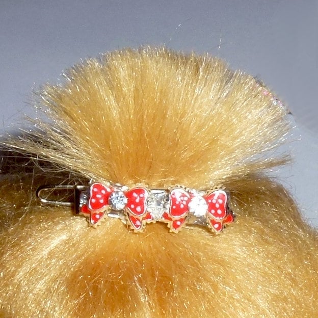 Puppy Bows ~ TINY 1" rhinestone crystal red polka dot bowknot dog bow pet hair clip topknot barrette