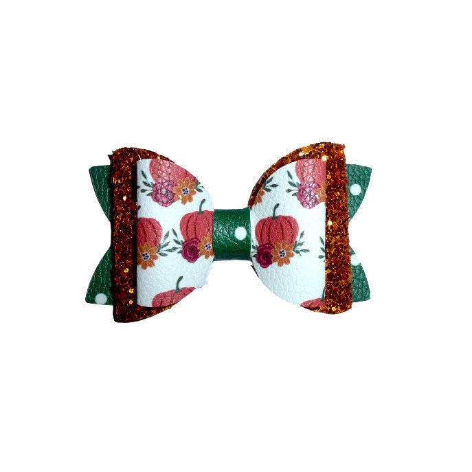 Dog hair bow ~ BIG bow Thanksgiving pumpkin orange glitter 3" dog hair bow or collar slide bands or clip (fb210)
