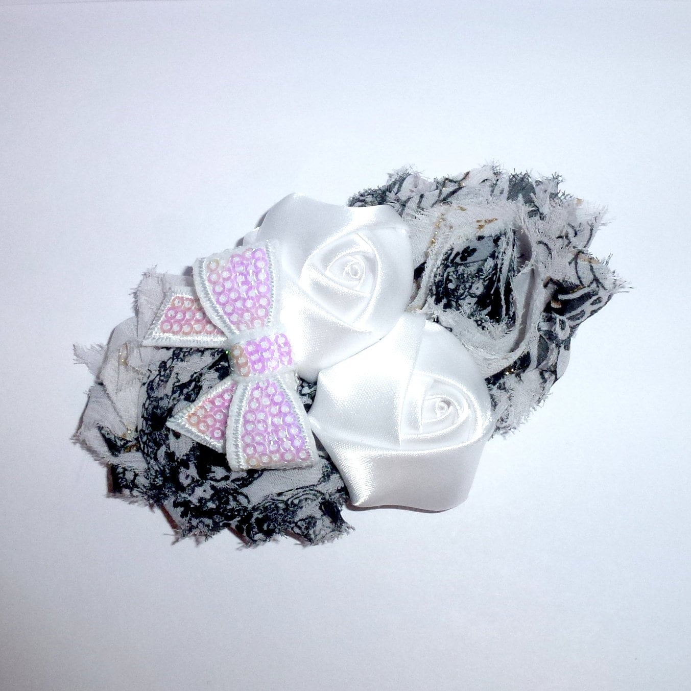 Puppy Bows ~ Dog collar slide bow large dog hair bows black white shabby chic lace and pearls ~USA seller (dc7)