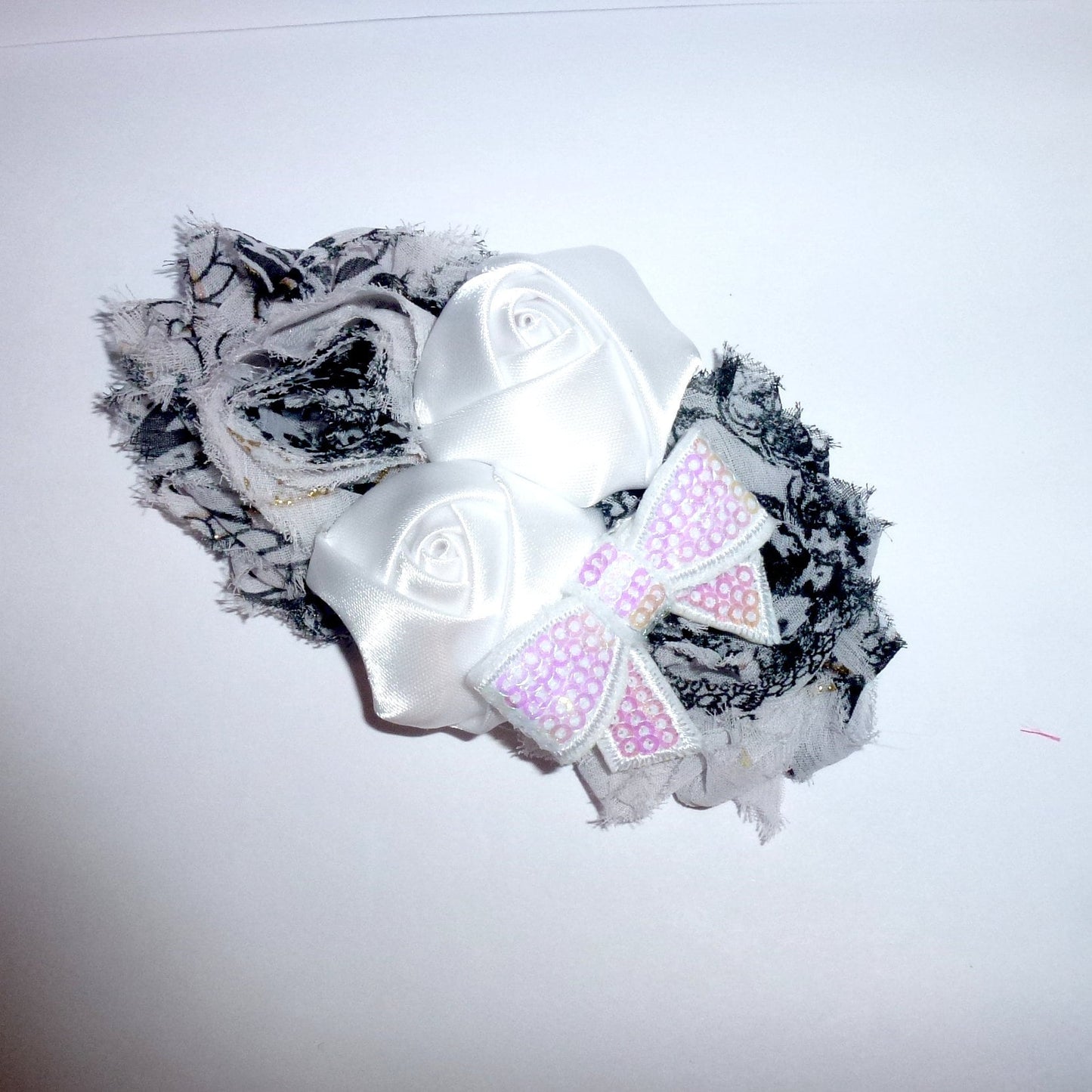 Puppy Bows ~ Dog collar slide bow large dog hair bows black white shabby chic lace and pearls ~USA seller (dc7)