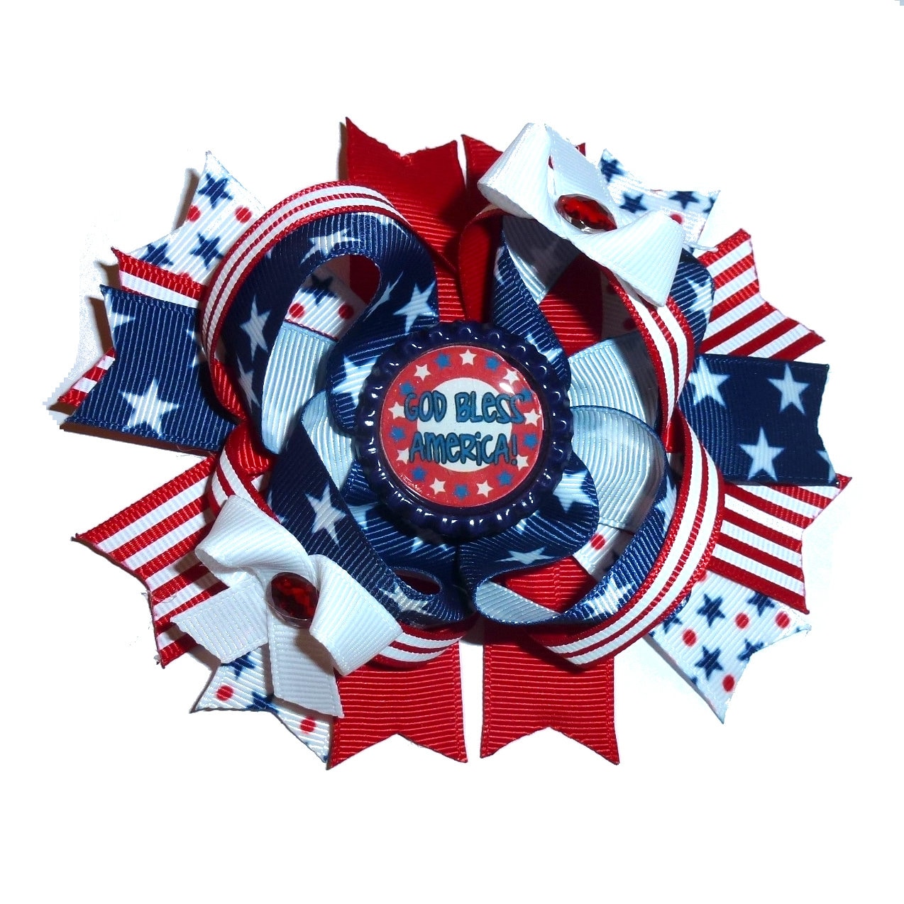 Puppy Bows ~ 4th of July Patriotic USA God Bless America slide bowknot bow bands or barrette or collar slide (DC19)