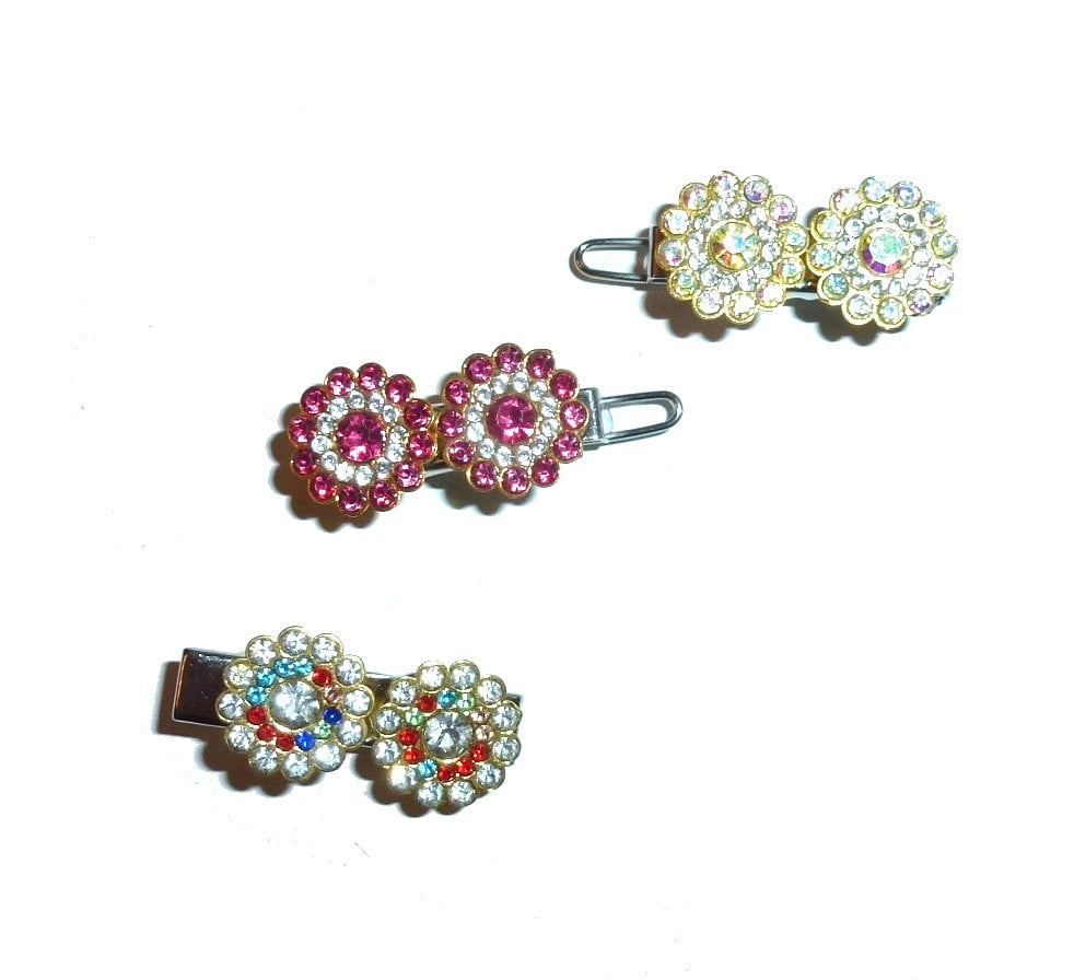 Puppy Bows pink or crystal round flowers rhinestone tiny 1" pet hair barrette clip (fb362F)