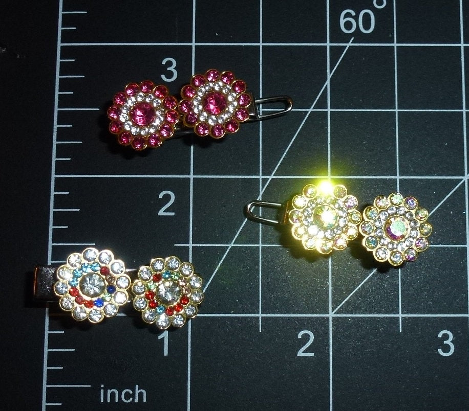 Puppy Bows pink or crystal round flowers rhinestone tiny 1" pet hair barrette clip (fb362F)