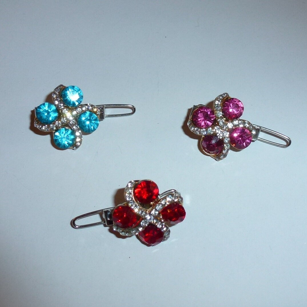 Dog Bows pink blue or red crystal square rhinestone Super tiny 3/4" pet hair barrette clip (TB18)