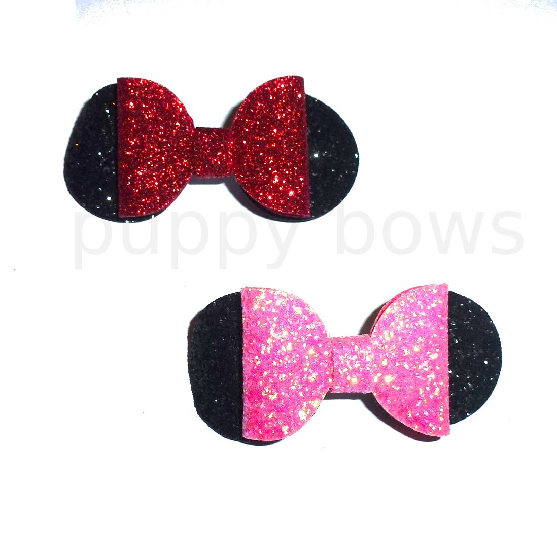 Puppy Bows ~ Pink or red Minnie glitter pet hair bow with plastic ball clip barrette (fb212)