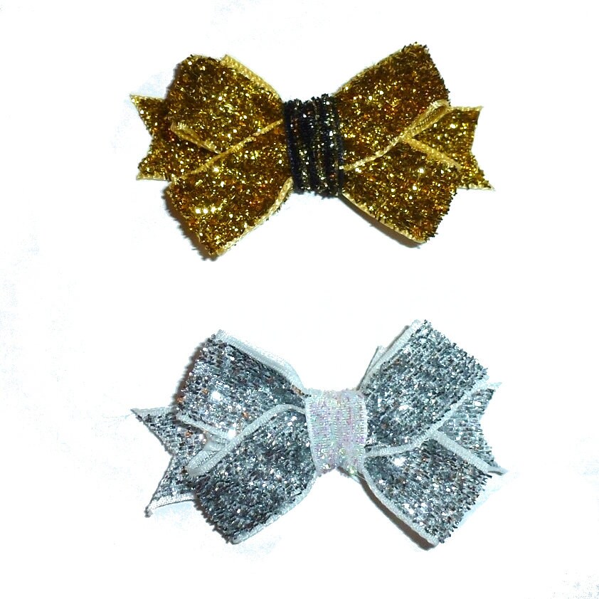 Puppy Bows ~Velvet glitters gold or silver pet hair bow barrette or bands (Fb34)