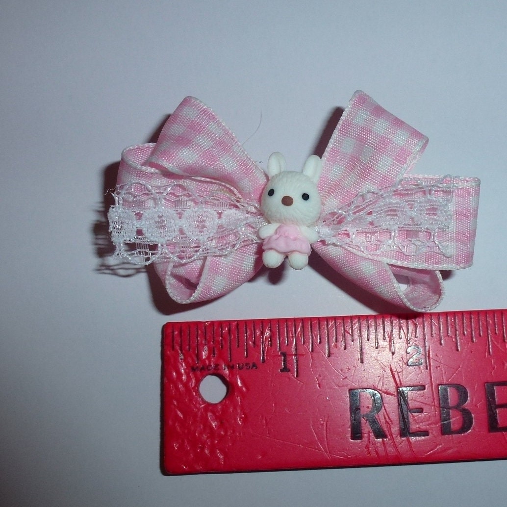 Puppy Bows ~ Easter bunny rabbit pink white gingham dog bow or collar slide accessory attachment hair barrette (fb169A)