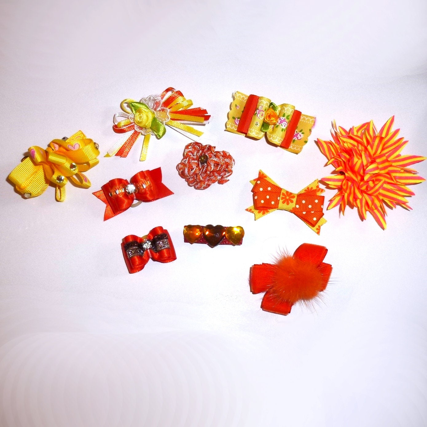 Puppy Bows ~ 10 fancy bows orange yellow dog pet hair bow (fb208)