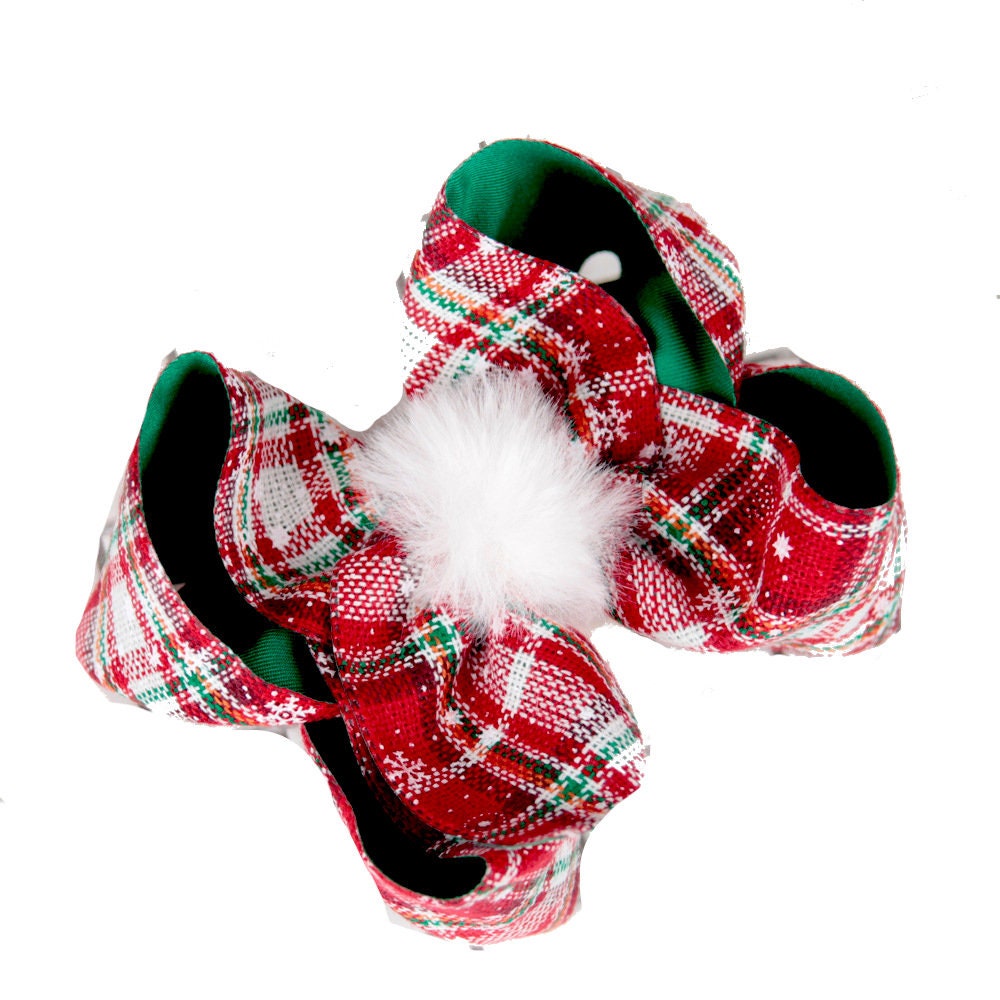 Puppy Bows ~ Dog collar slide extra large bow Christmas fur puff Irene plaid red/green (DC20)