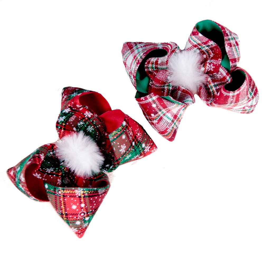 Puppy Bows ~ Dog collar slide extra large bow Christmas fur puff Irene plaid red/green (DC20)
